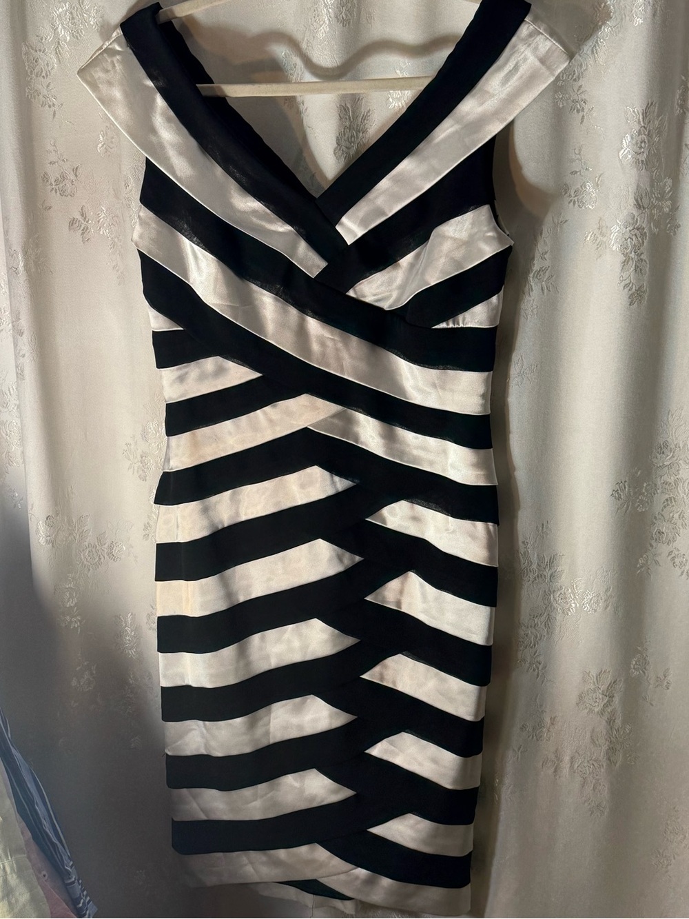 Xscape Black and White Striped Satin Midi Dress